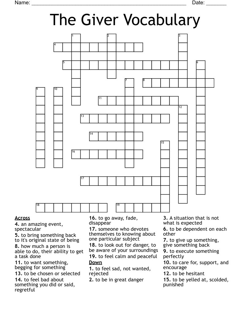 The Giver Vocabulary Crossword