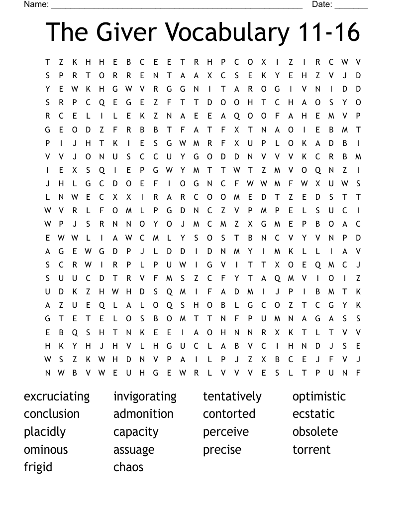 The Giver Vocabulary 11-16 Word Search