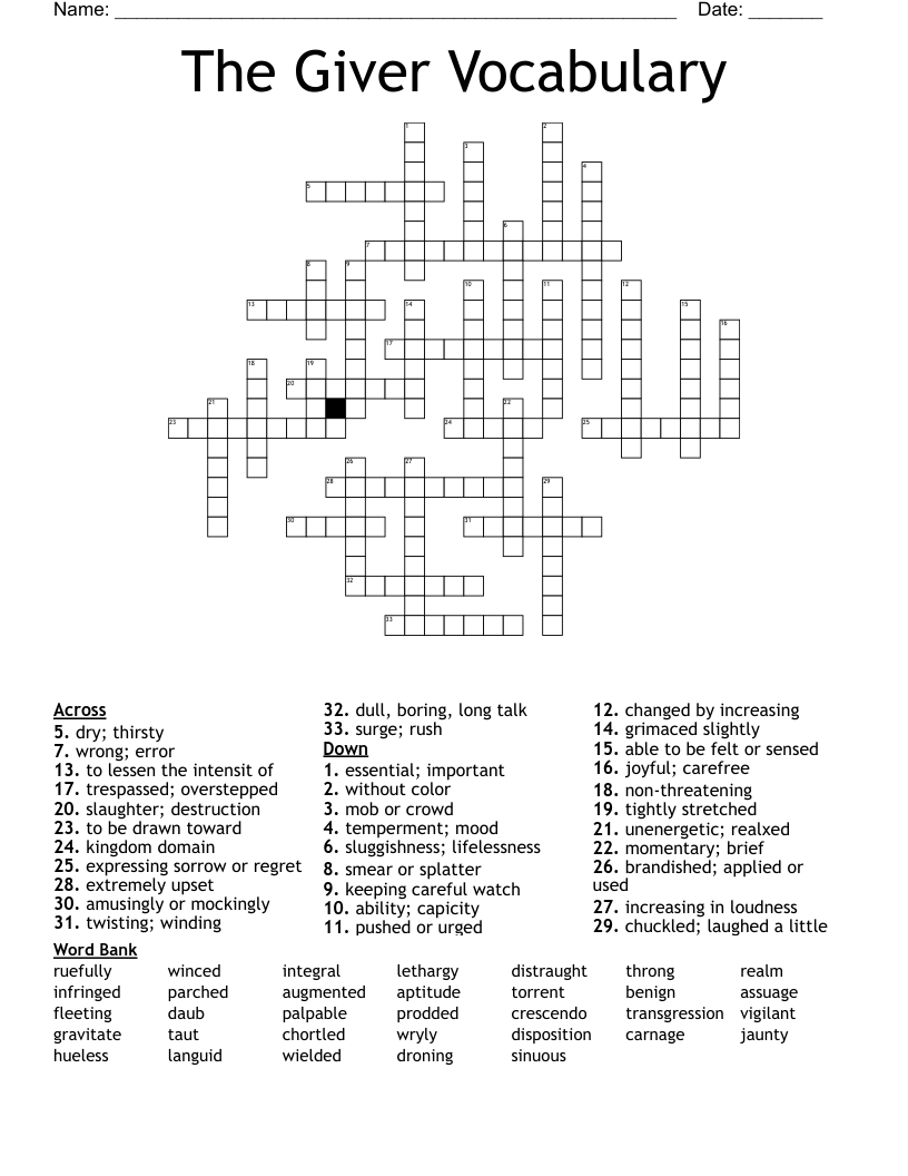 The Giver Vocabulary Crossword