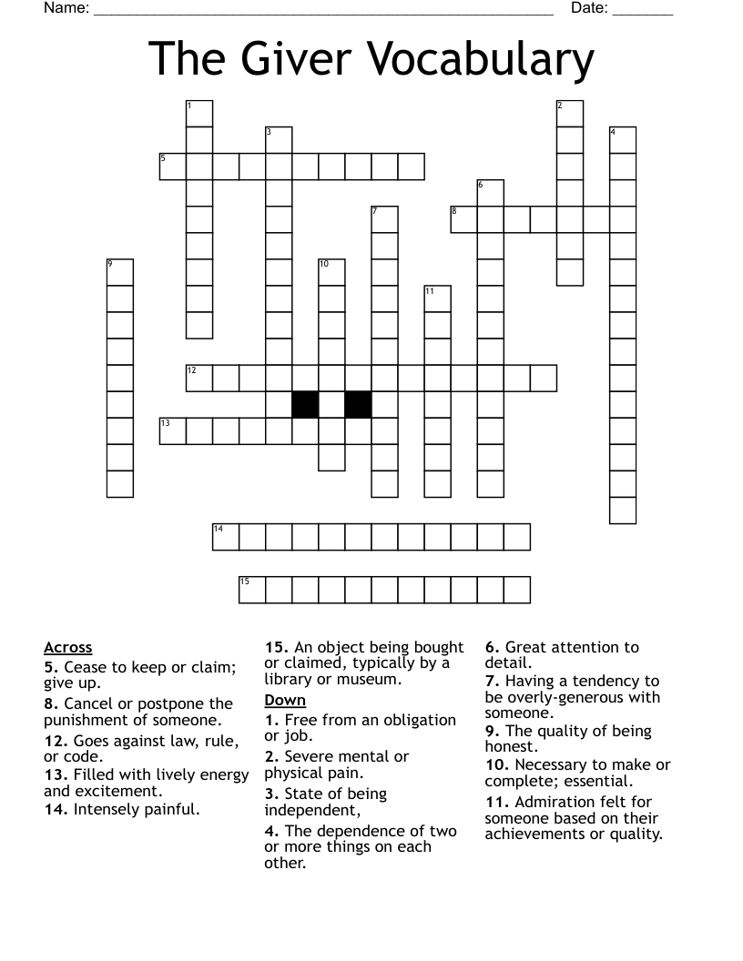 The Giver Vocabulary Crossword