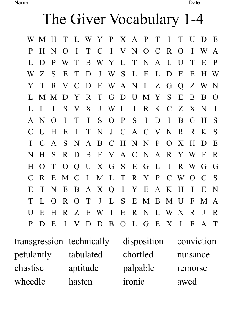 The Giver Vocabulary 1-4 Word Search