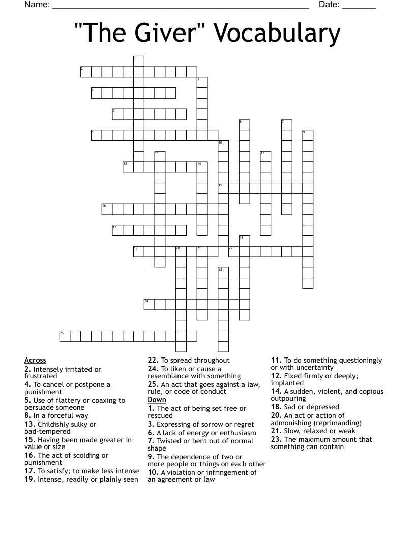 "The Giver" Vocabulary Crossword