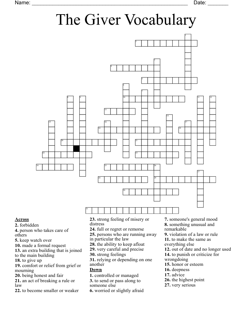 The Giver Vocabulary Crossword