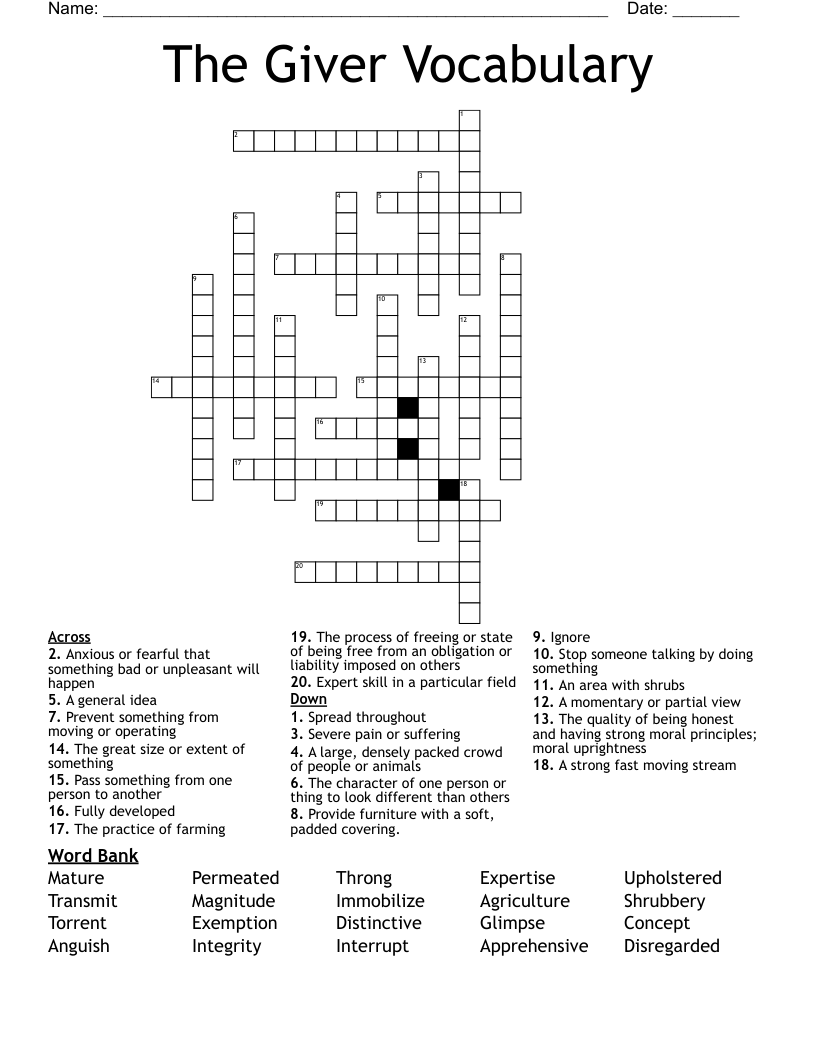 The Giver Vocabulary Crossword