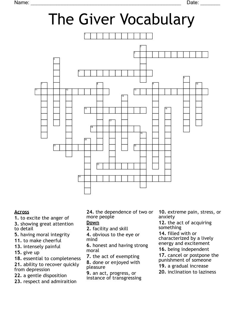 The Giver Vocabulary Crossword