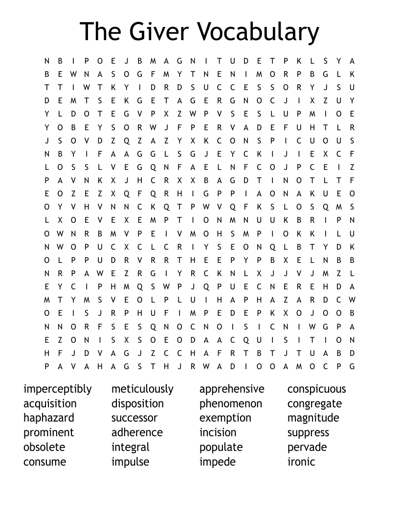 The Giver Vocabulary Word Search