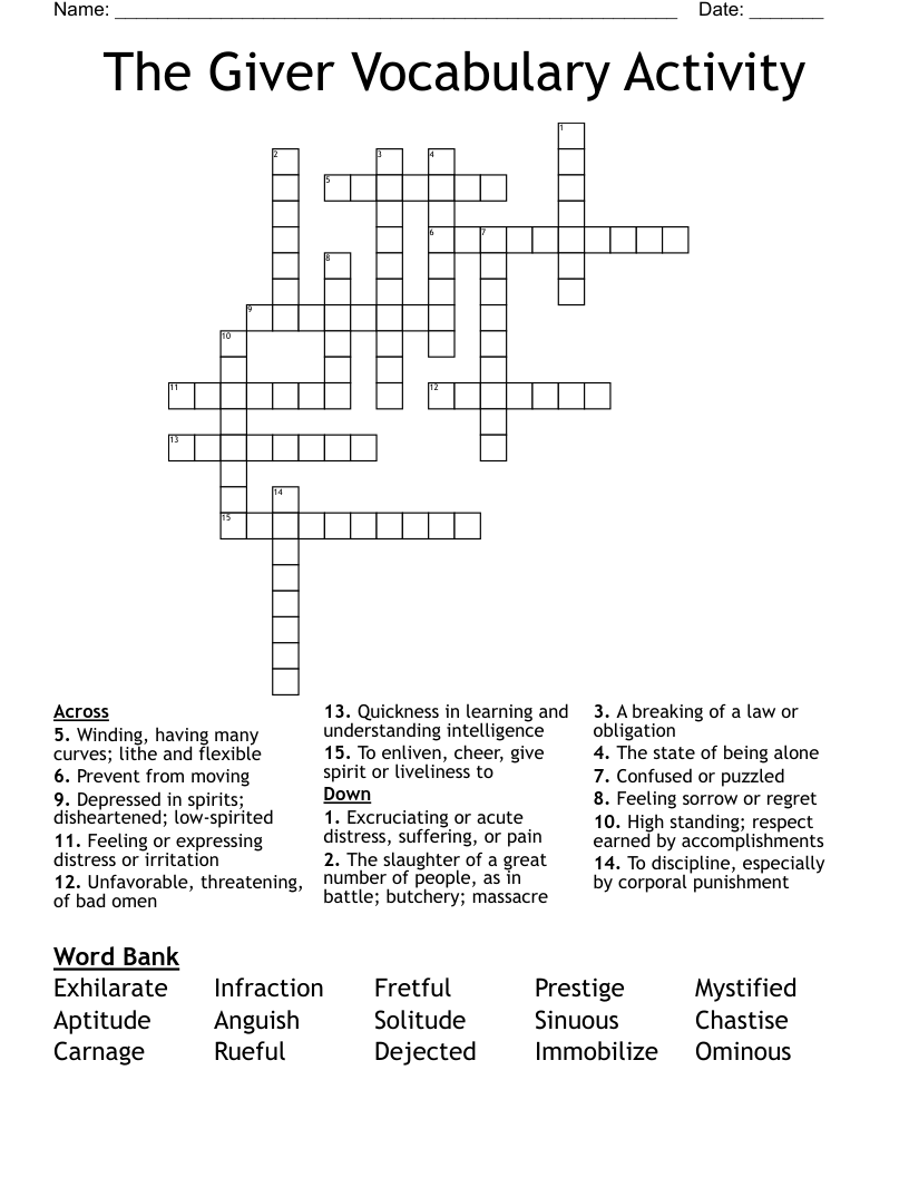 The Giver Vocabulary Activity  Crossword