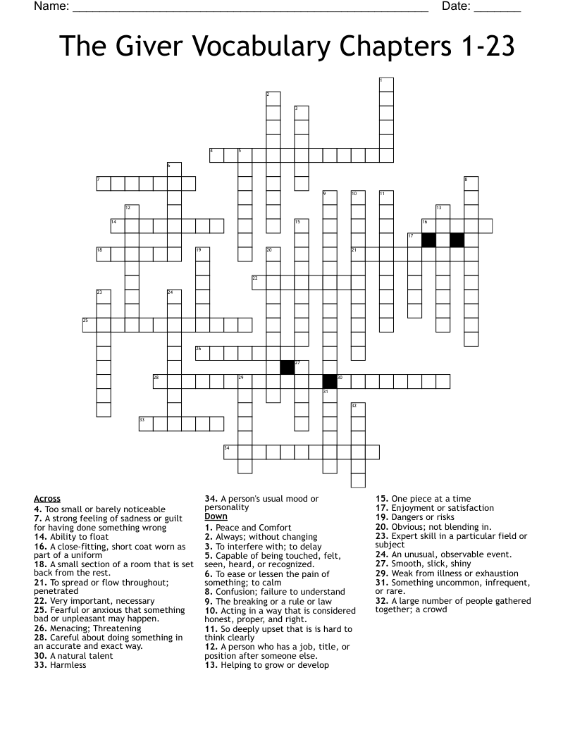 The Giver Vocabulary Chapters 1-23 Crossword