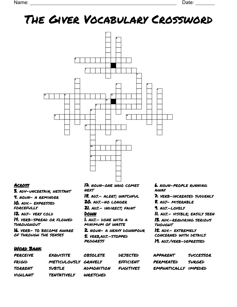 The Giver Vocabulary Crossword