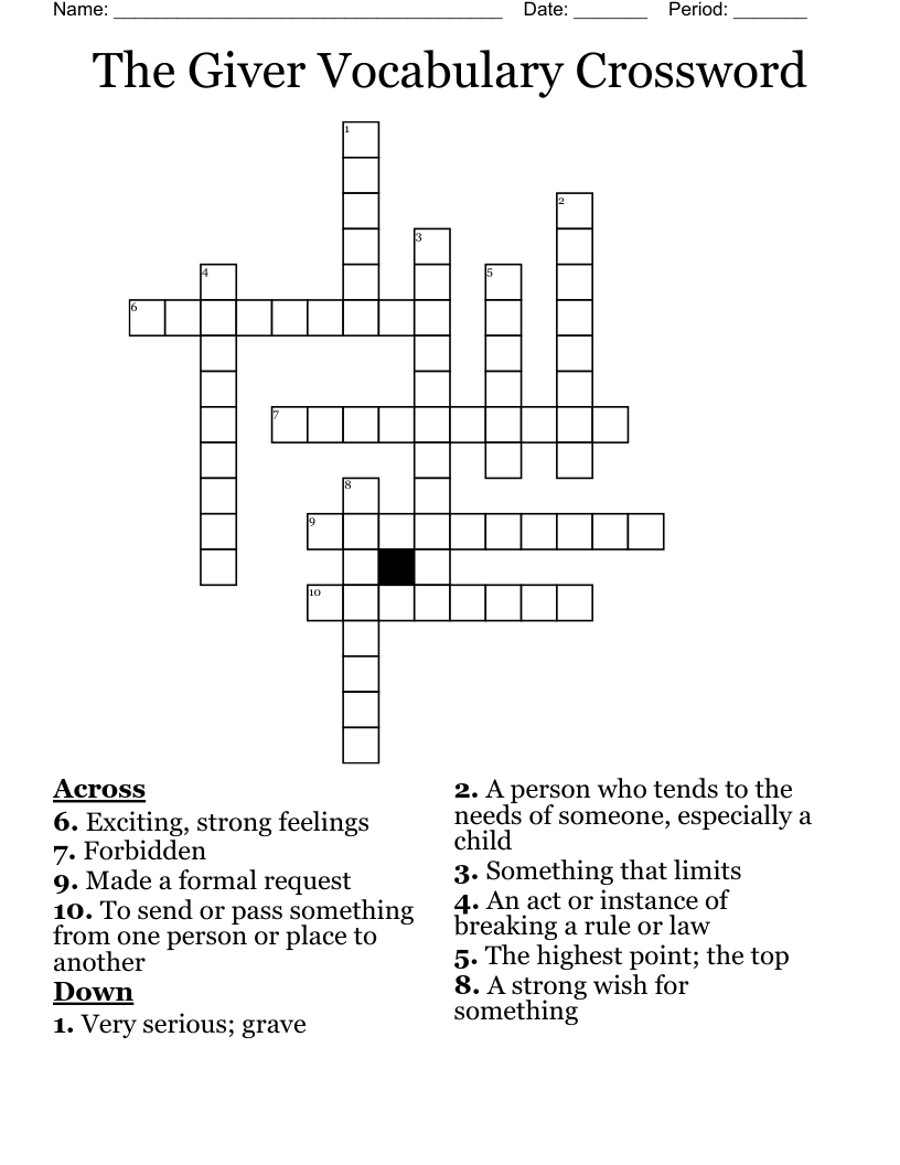 The Giver Vocabulary Crossword