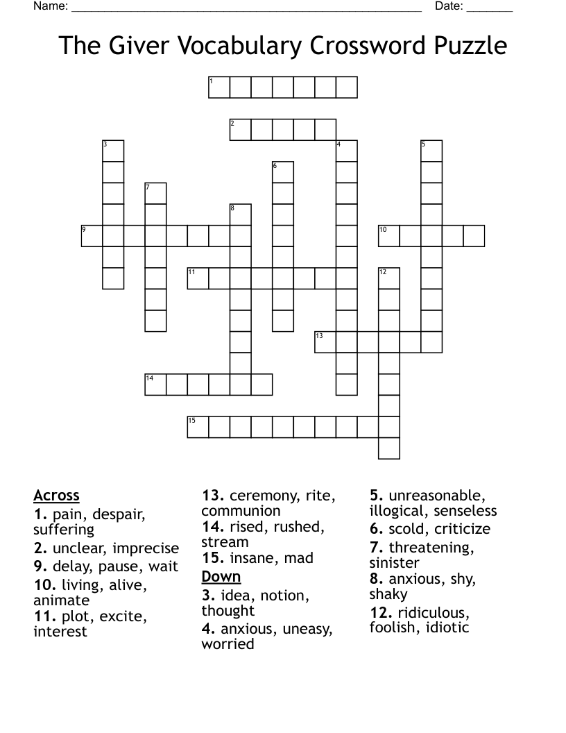 The Giver Vocabulary Crossword Puzzle