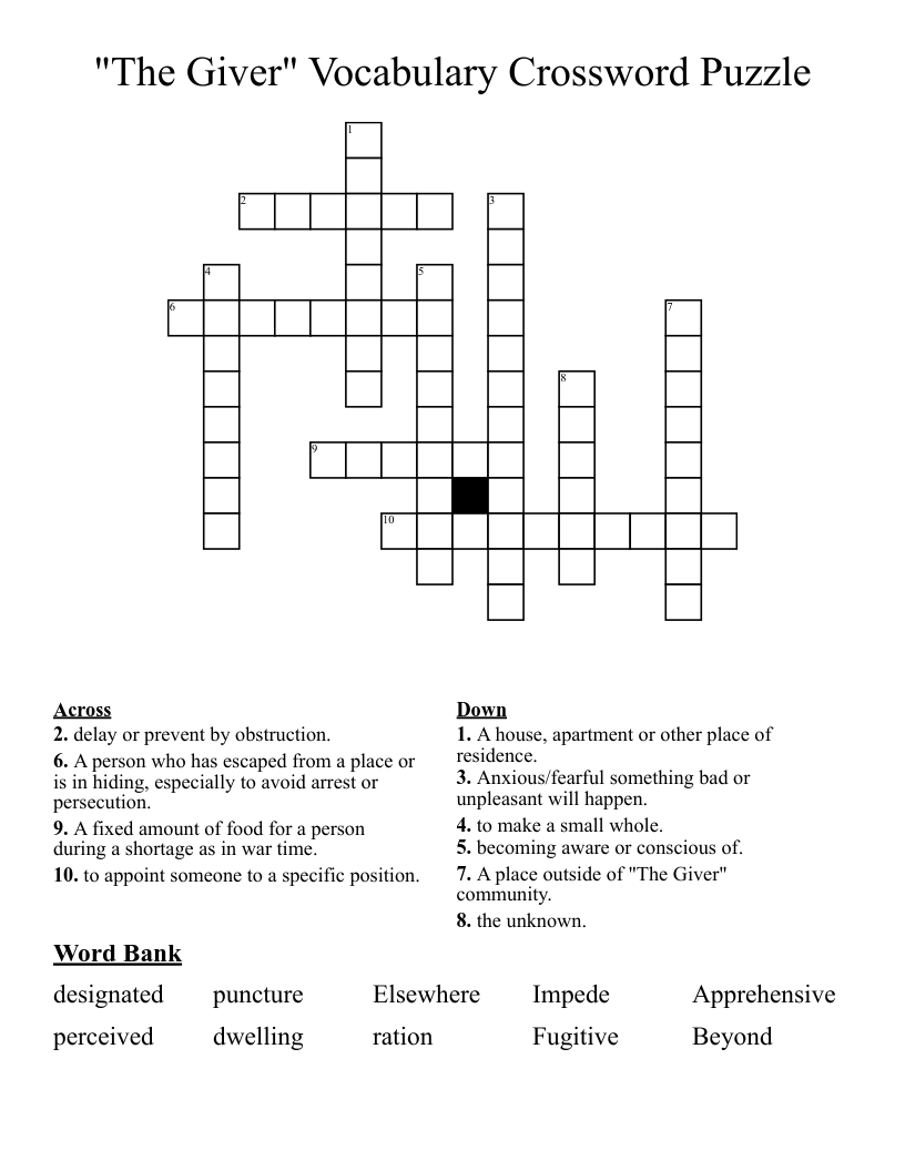 "The Giver" Vocabulary Crossword Puzzle