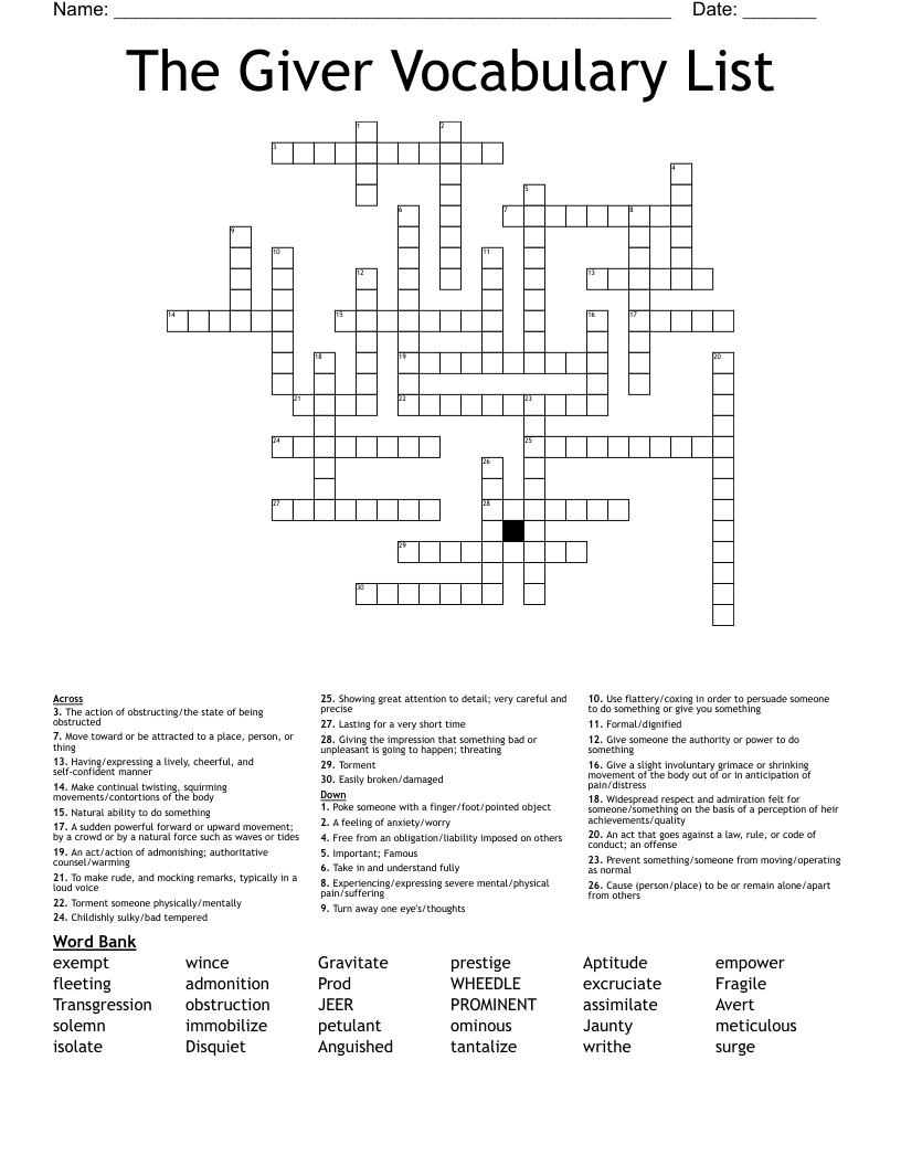 The Giver Vocabulary List Crossword