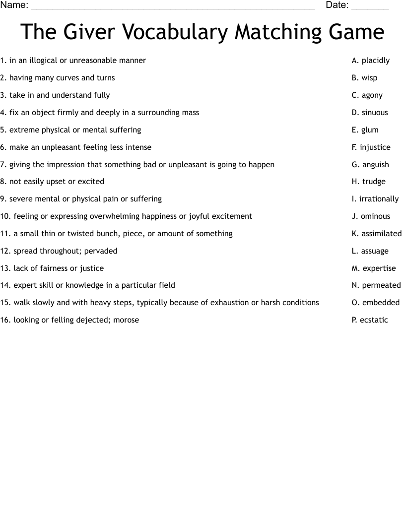 The Giver Vocabulary Matching Game Worksheet