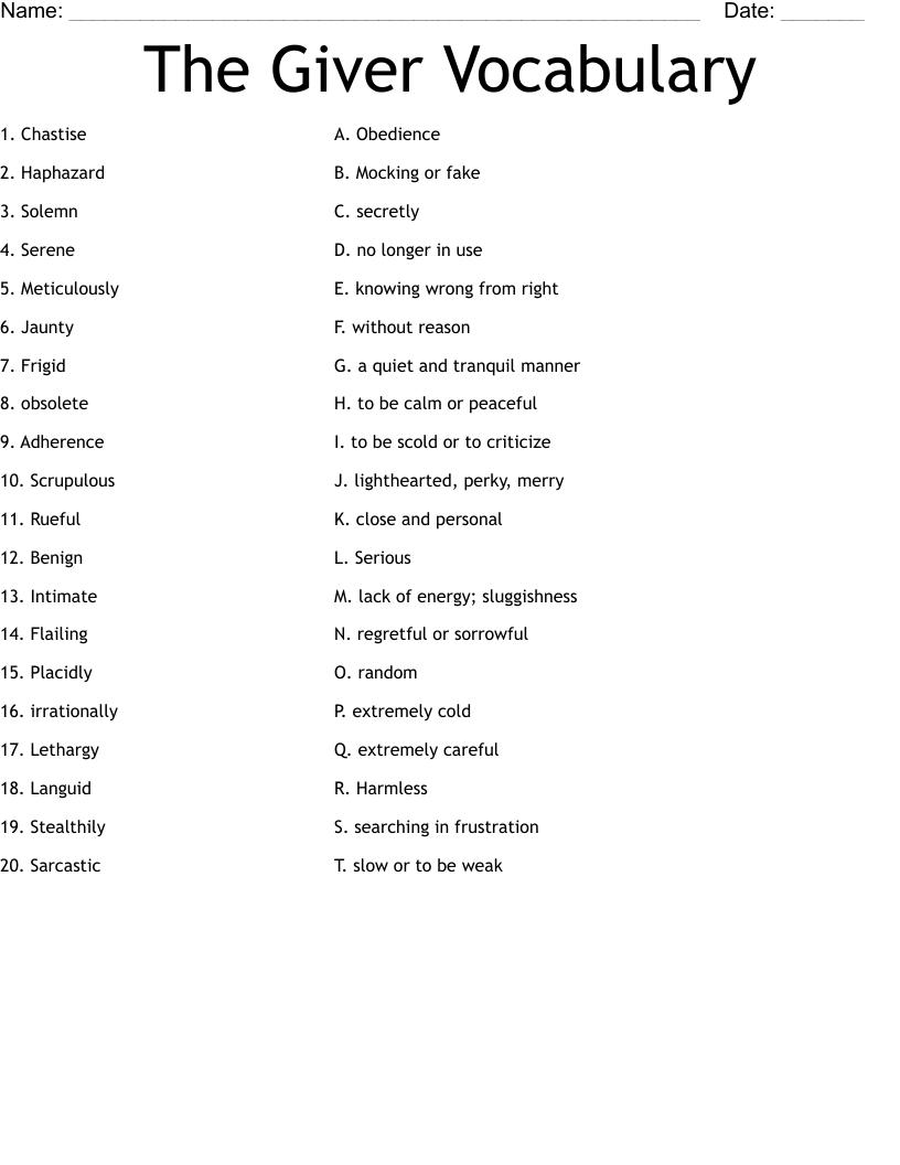The Giver Vocabulary  Worksheet