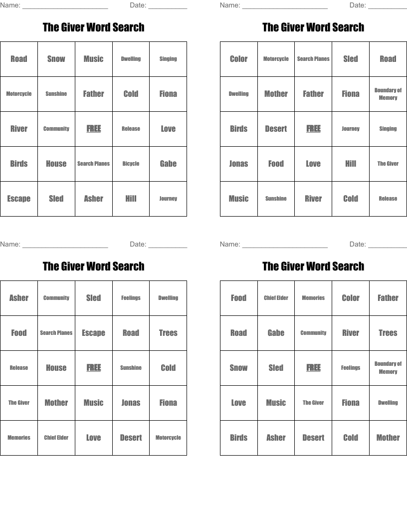 The Giver Word Search Bingo Cards