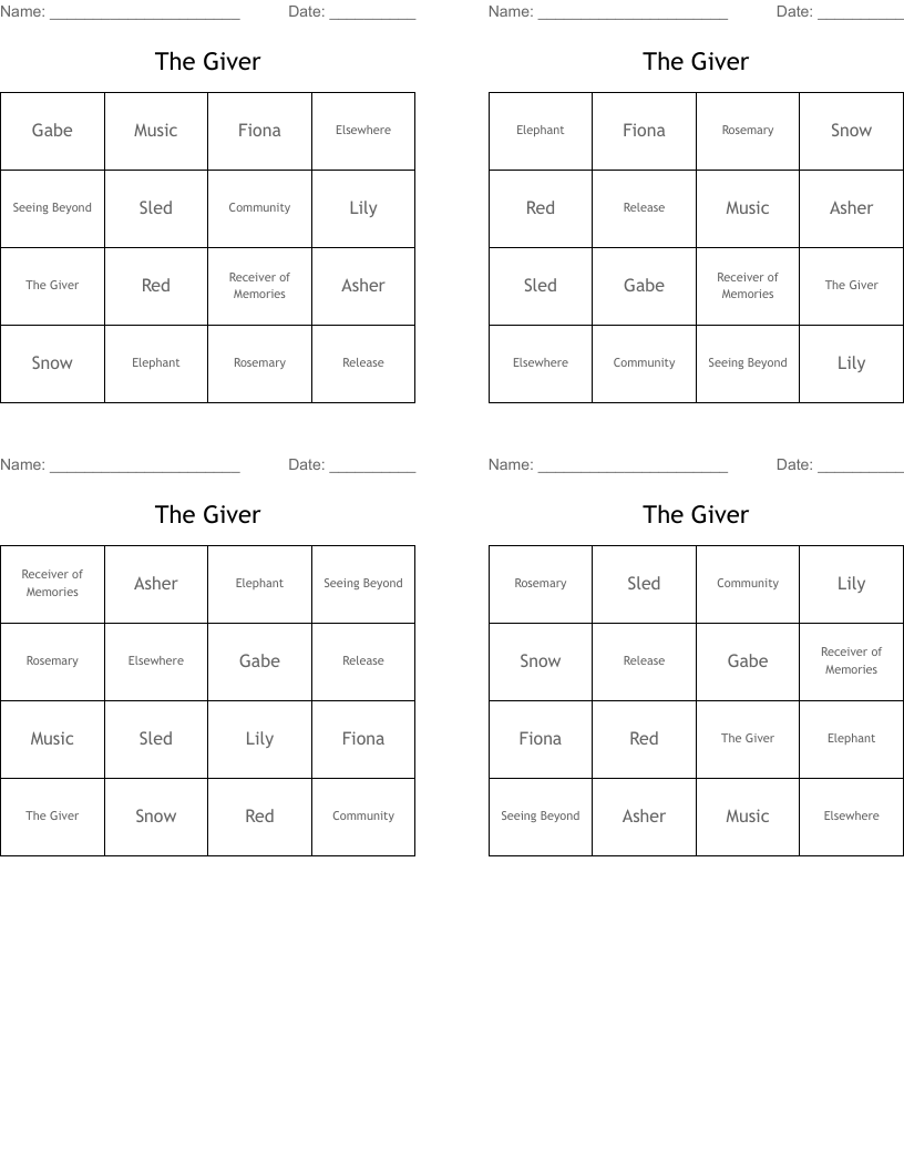The Giver  Bingo Cards