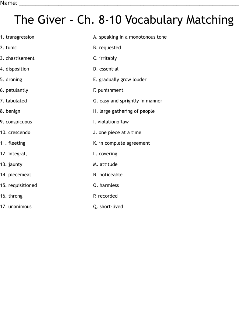 The Giver - Ch. 8-10 Vocabulary Matching  Worksheet