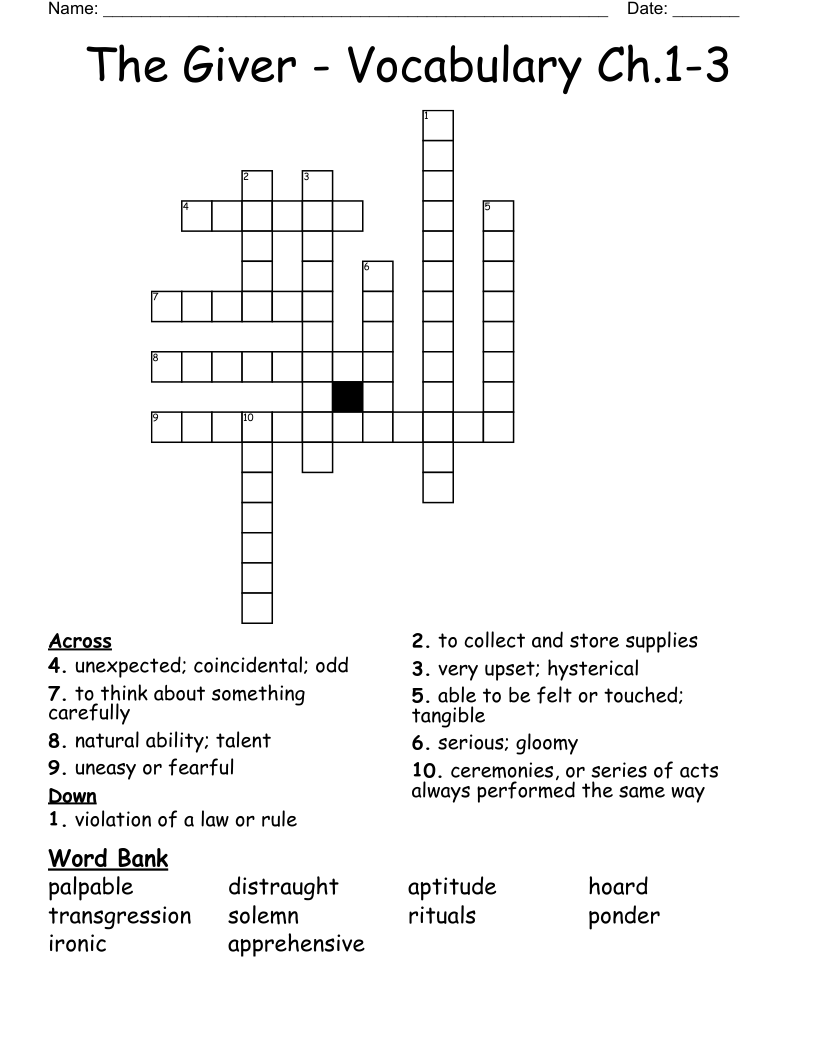 The Giver - Vocabulary Ch.1-3 Crossword
