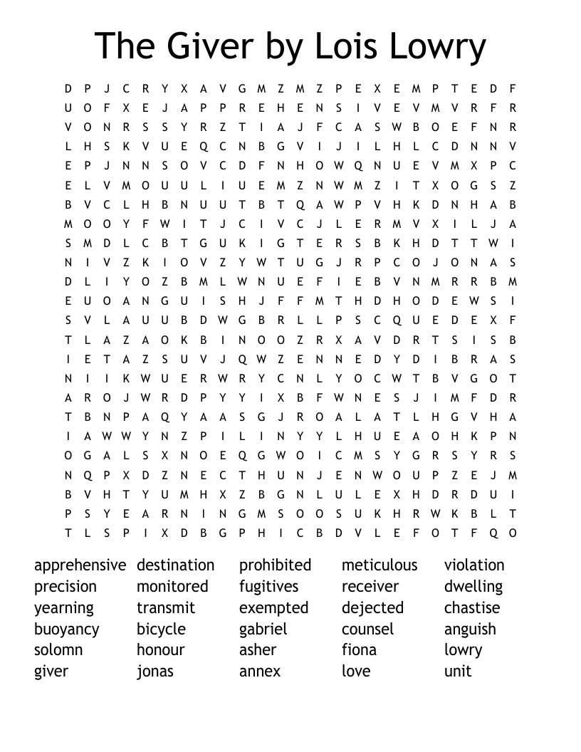 The Giver by Lois Lowry Word Search