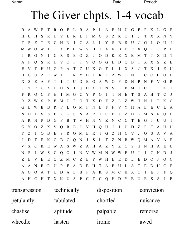 The Giver chpts. 1-4 vocab Word Search