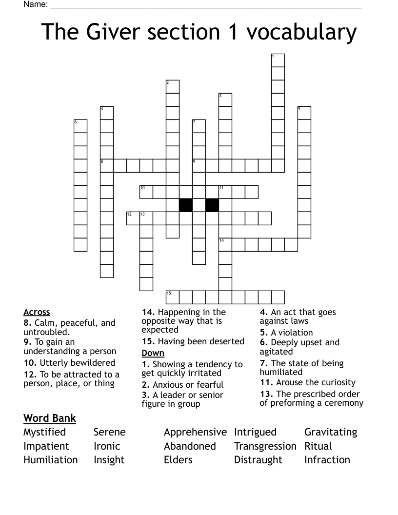 The Giver section 1 vocabulary Crossword