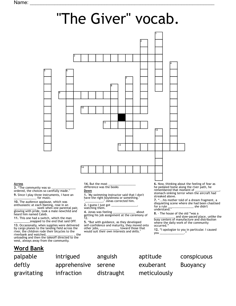"The Giver" vocab. Crossword