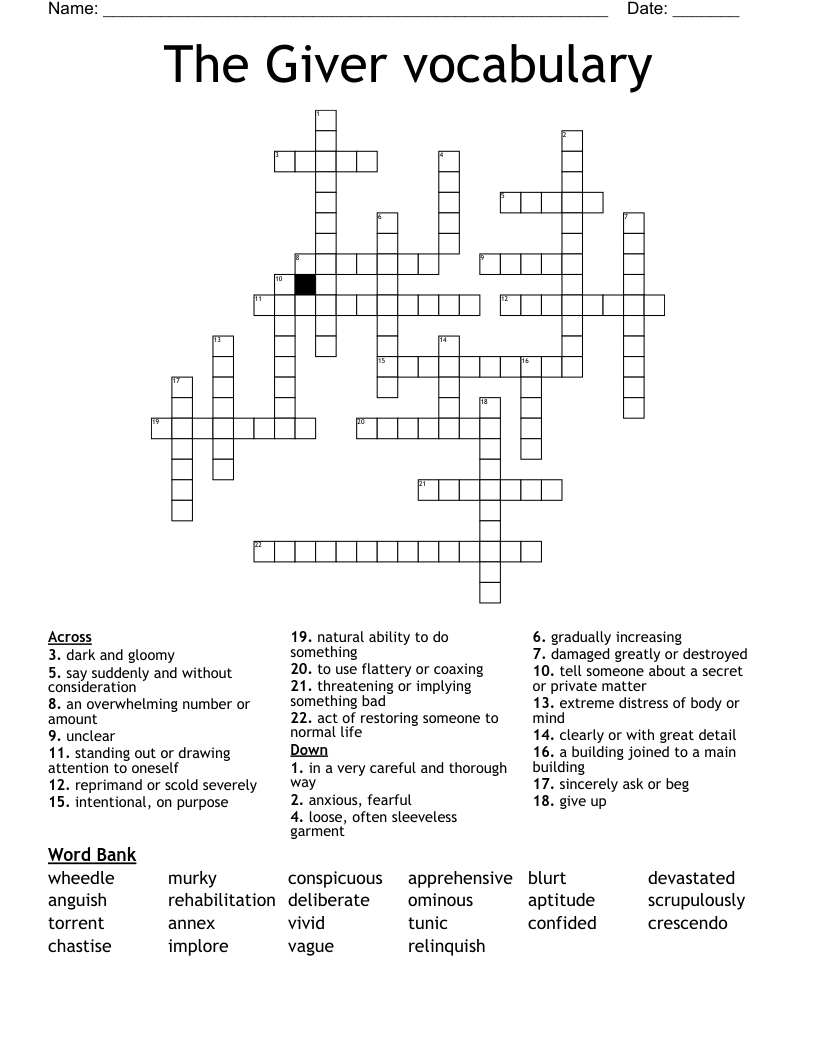 The Giver vocabulary  Crossword