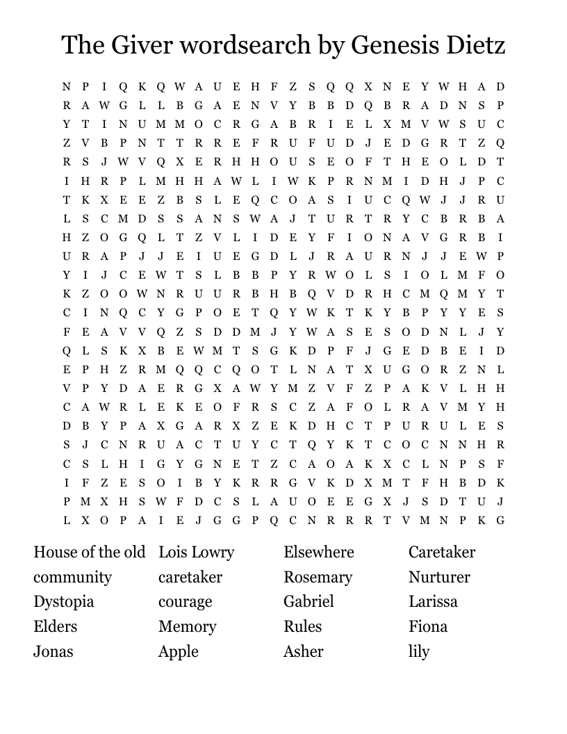 The Giver wordsearch by Genesis Dietz 