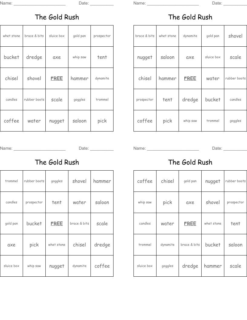 The Gold Rush Bingo Cards