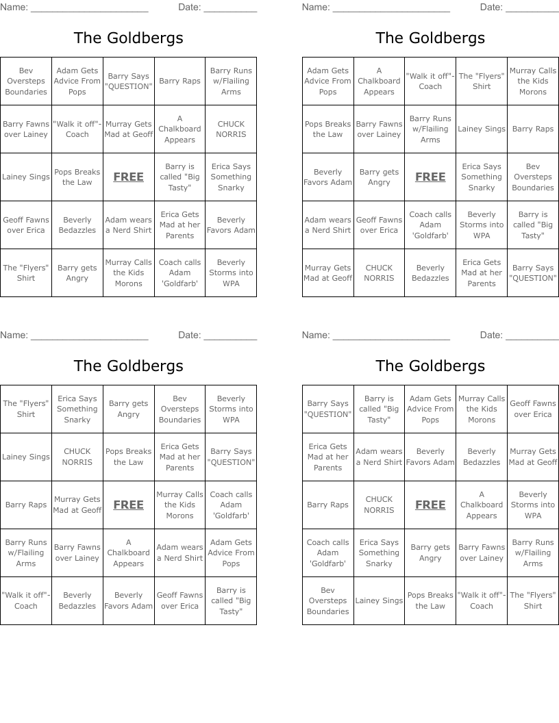 The Goldbergs Bingo Cards