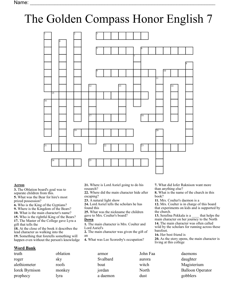 The Golden Compass Honor English 7 Crossword