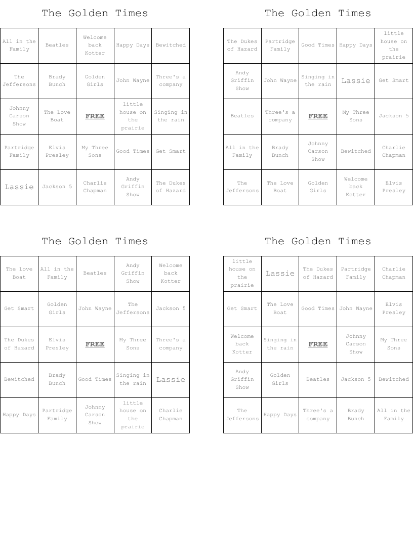 The Golden Times  Bingo Cards