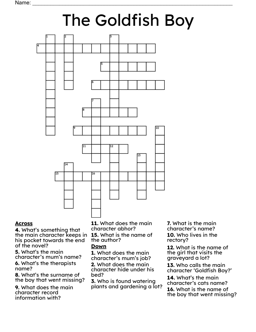 The Goldfish Boy Crossword