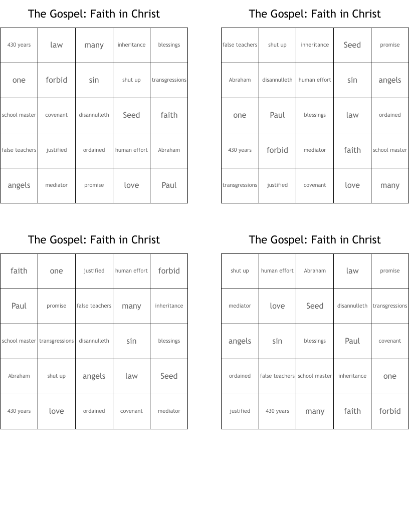 The Gospel:  Faith in Christ Bingo Cards