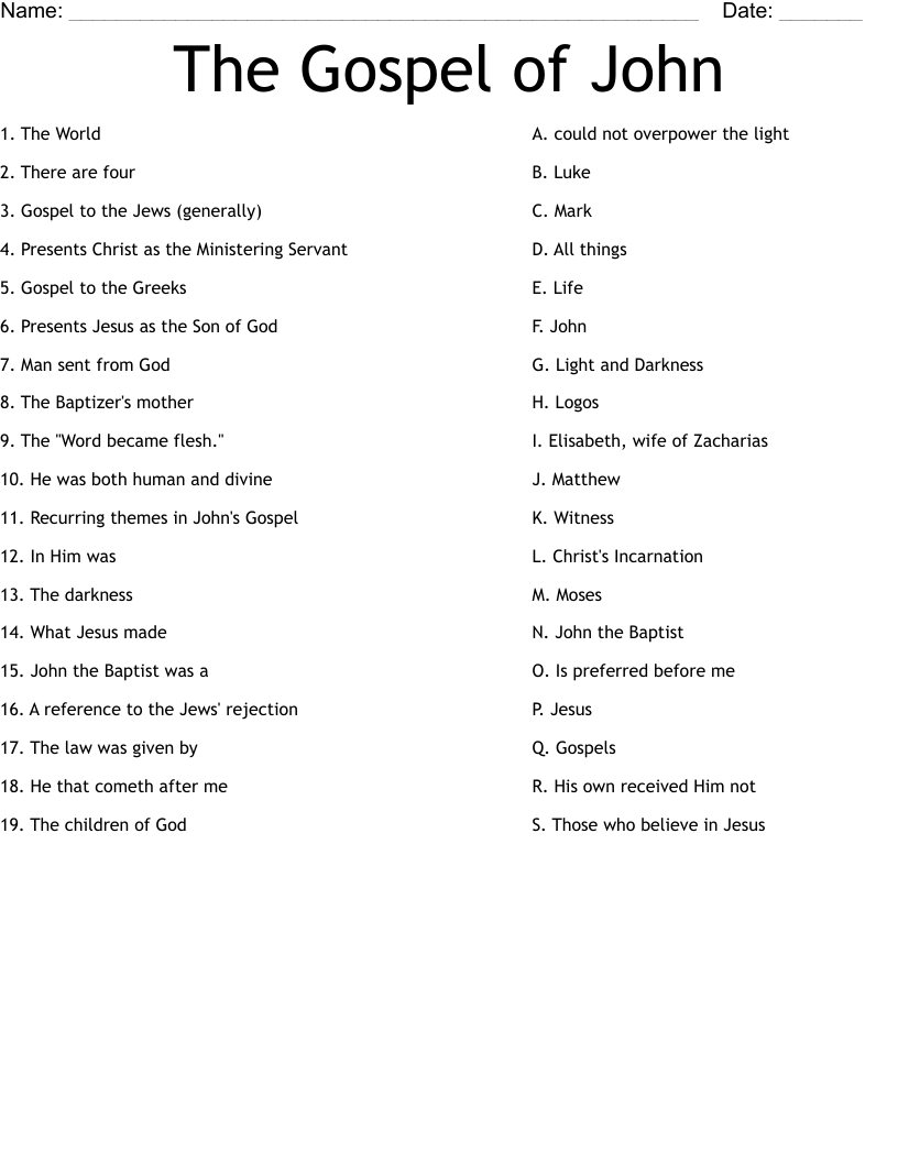 The Gospel of John Worksheet