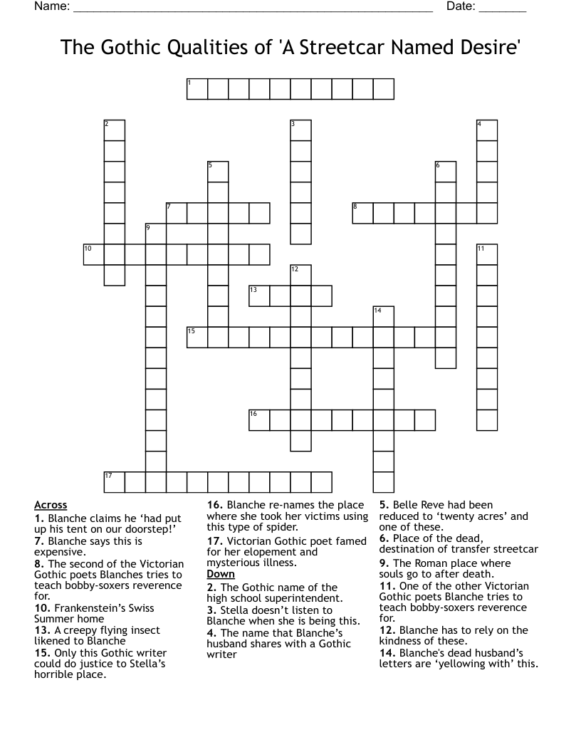 The Gothic Qualities of 'A Streetcar Named Desire' Crossword