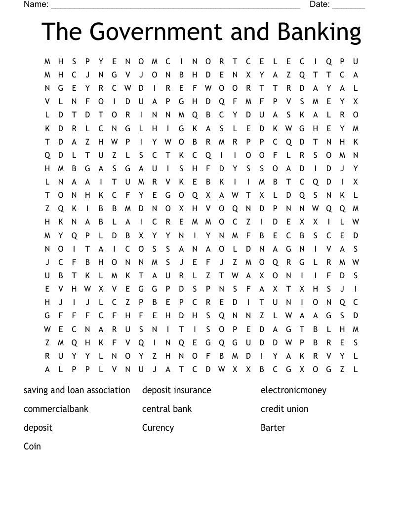 The Government and Banking Word Search