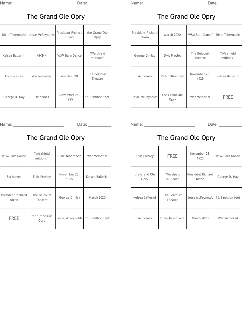 The Grand Ole Opry Bingo Cards