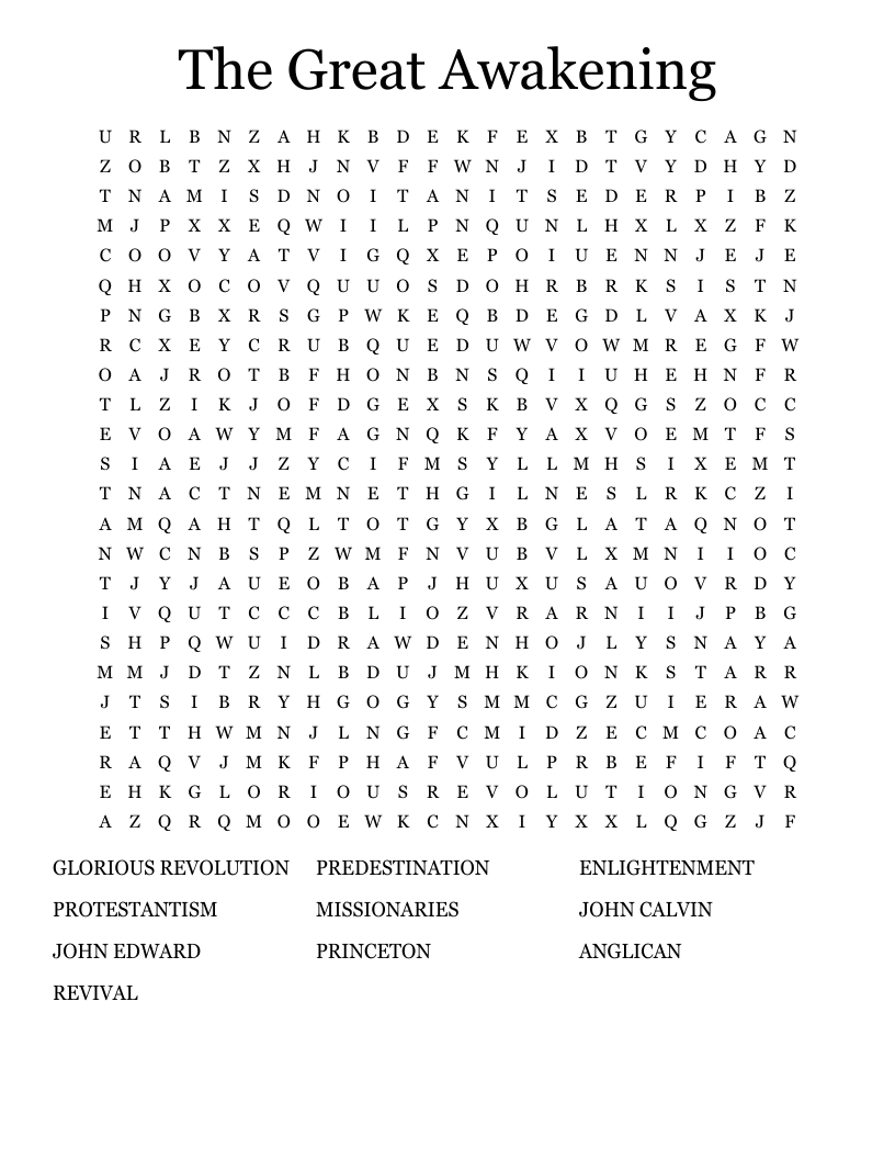 The Great Awakening  Word Search
