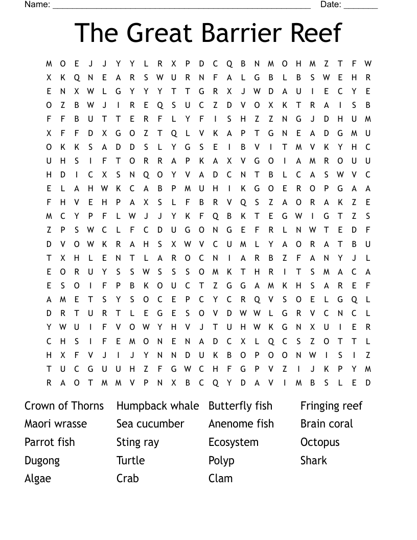 The Great Barrier Reef Word Search