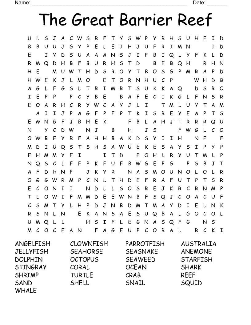 The Great Barrier Reef Word Search