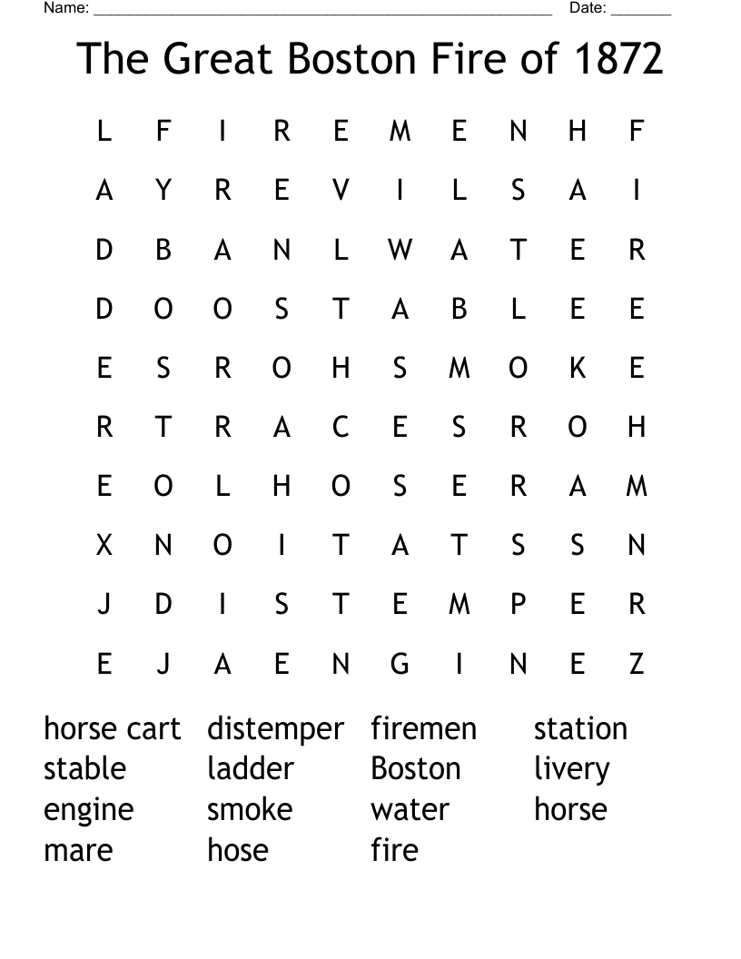 The Great Boston Fire of 1872 Word Search