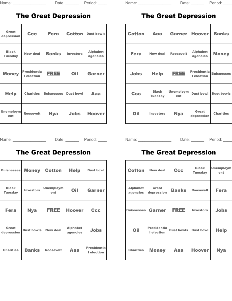 The Great Depression Bingo Cards