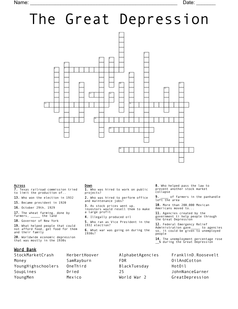 The Great Depression Crossword