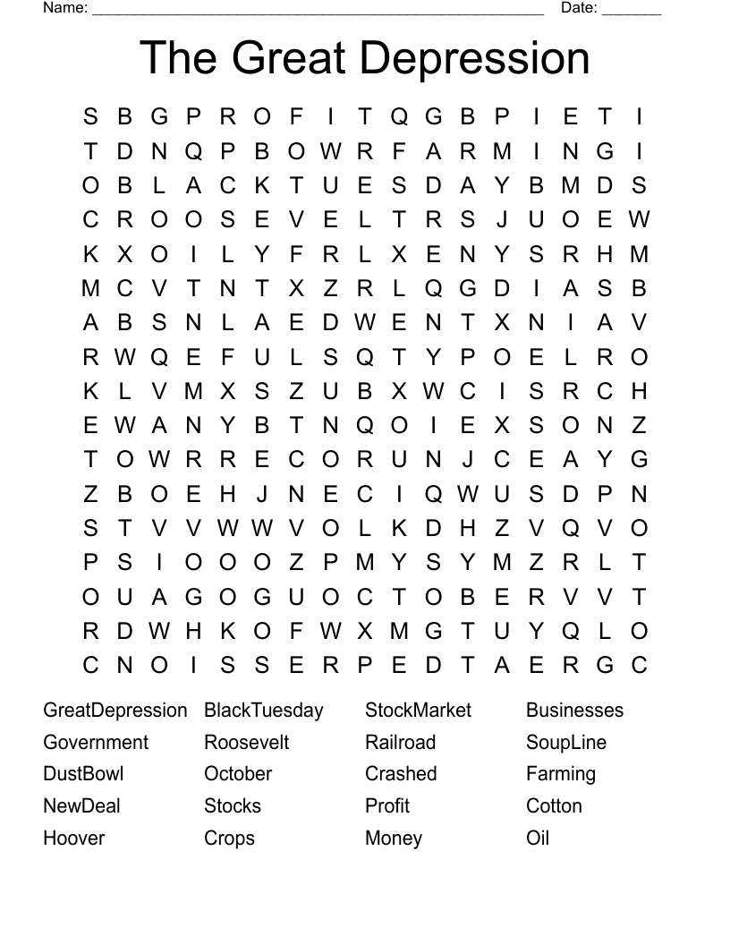 The Great Depression Word Search
