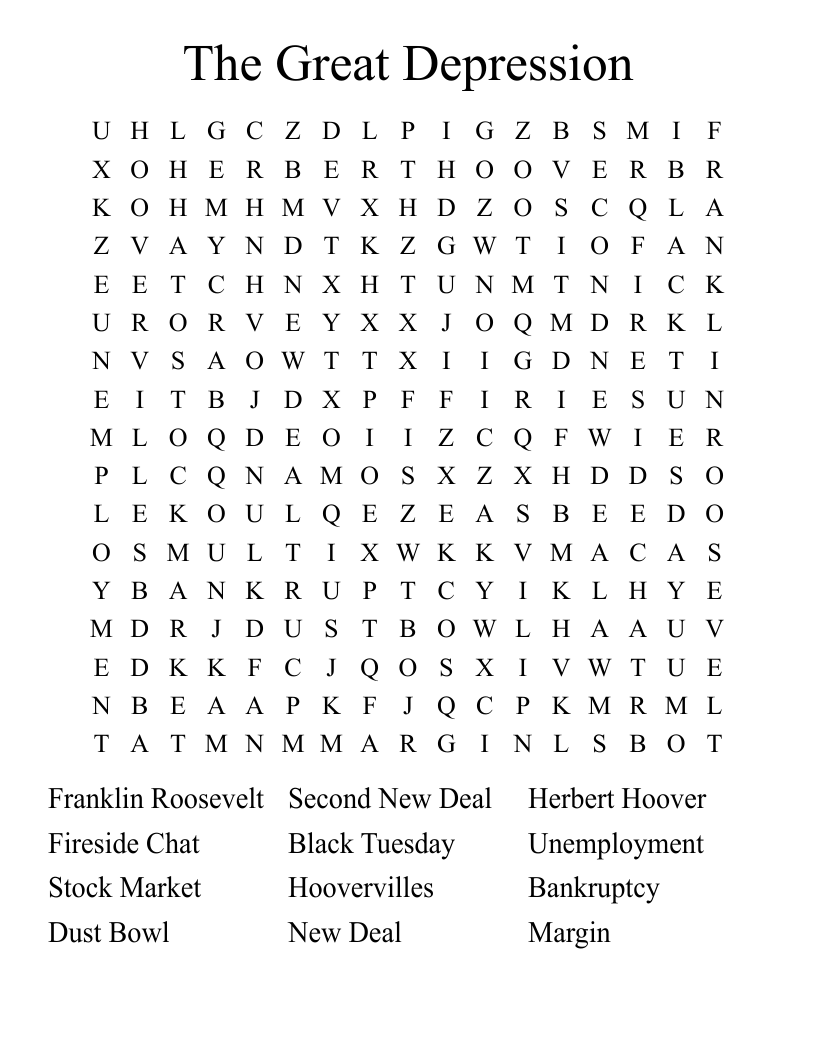 The Great Depression Word Search