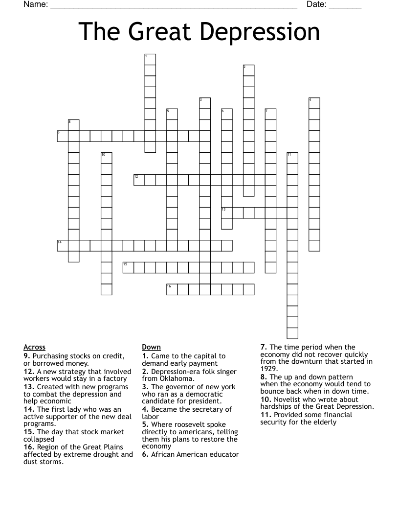 The Great Depression Crossword