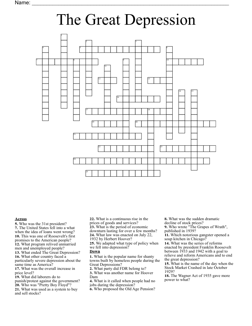 The Great Depression Crossword