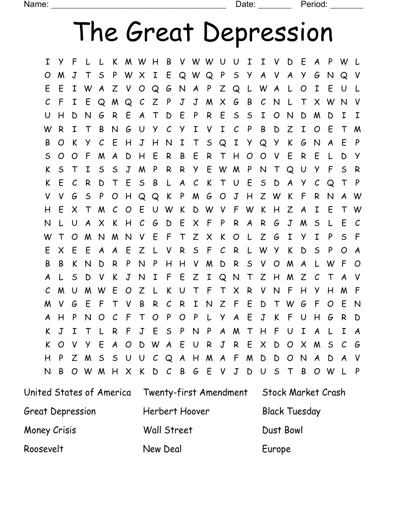 The Great Depression Word Search